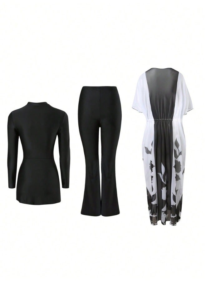 Fianser Burkini Swimwear 3-Piece Swimsuits Set Long Sleeve Chiffon cover-up Dress Style Full Cover Beachwear Modest Fashion Conservative Islamic Muslim Classic Arabic Clothing Sun UV Protection Diving Suit Surfing Suit Quick Dry Swimming Costume Zipper Flared-Leg Long Pants - Image 4